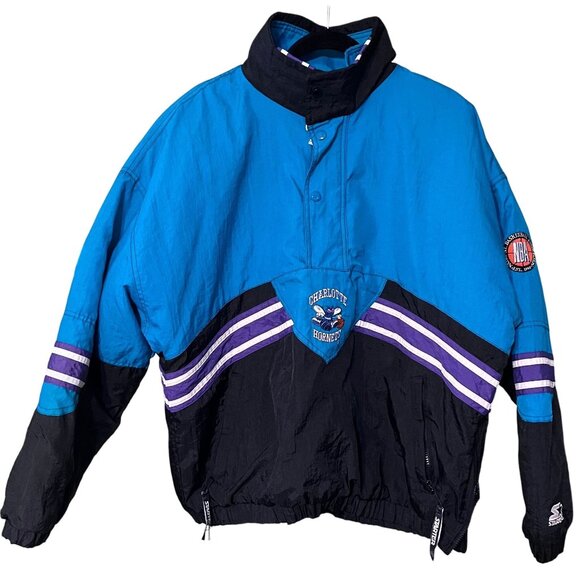 Vintage 1990s Charlotte Hornets Starter Jacket L NBA Pullover Puffer Half-Zip - Picture 1 of 3